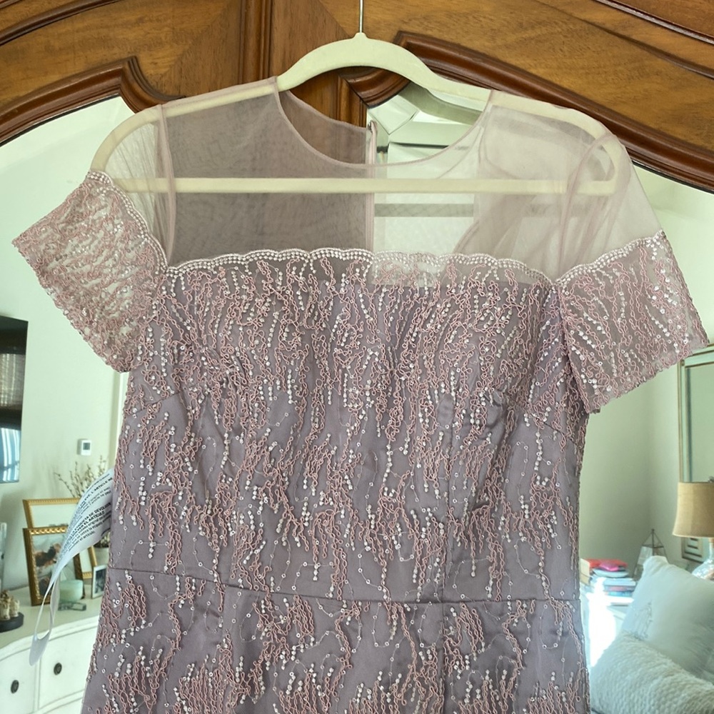 NWT formal fully lined embroidered lace dress. Cap sleeve and illusion top